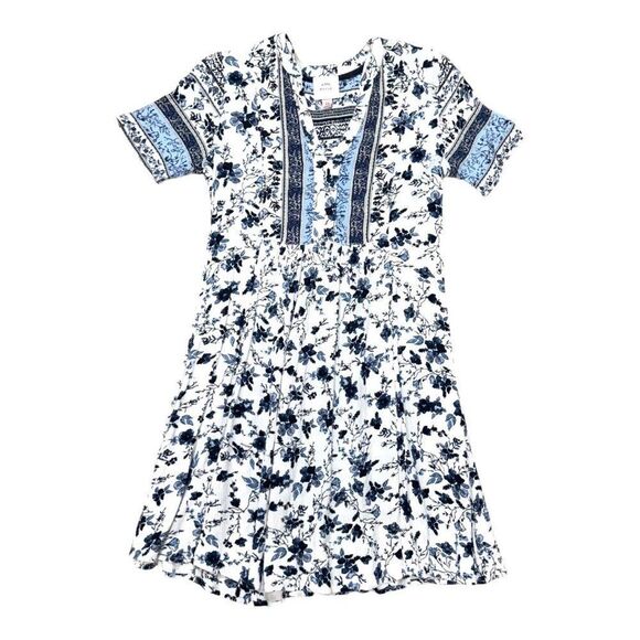 Knox Rose XS Floral Boho Short Sleeve Dress Blue White Soft Knit Summer Casual - Picture 1 of 4